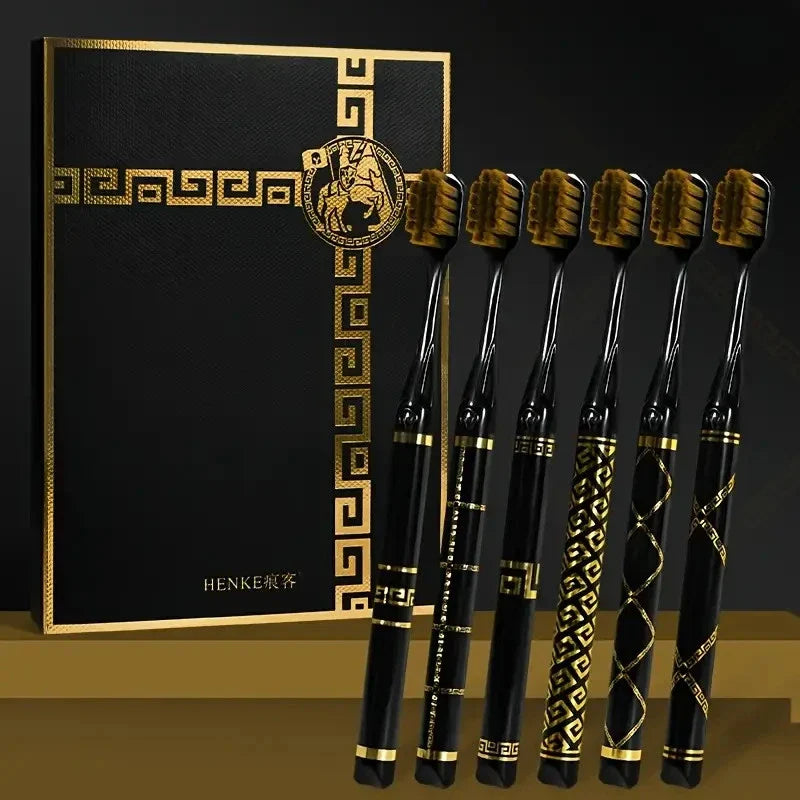 6pcs Black Gold Toothbrush Gift Set â€?Soft Bristle Travel Adult Toothbrushes