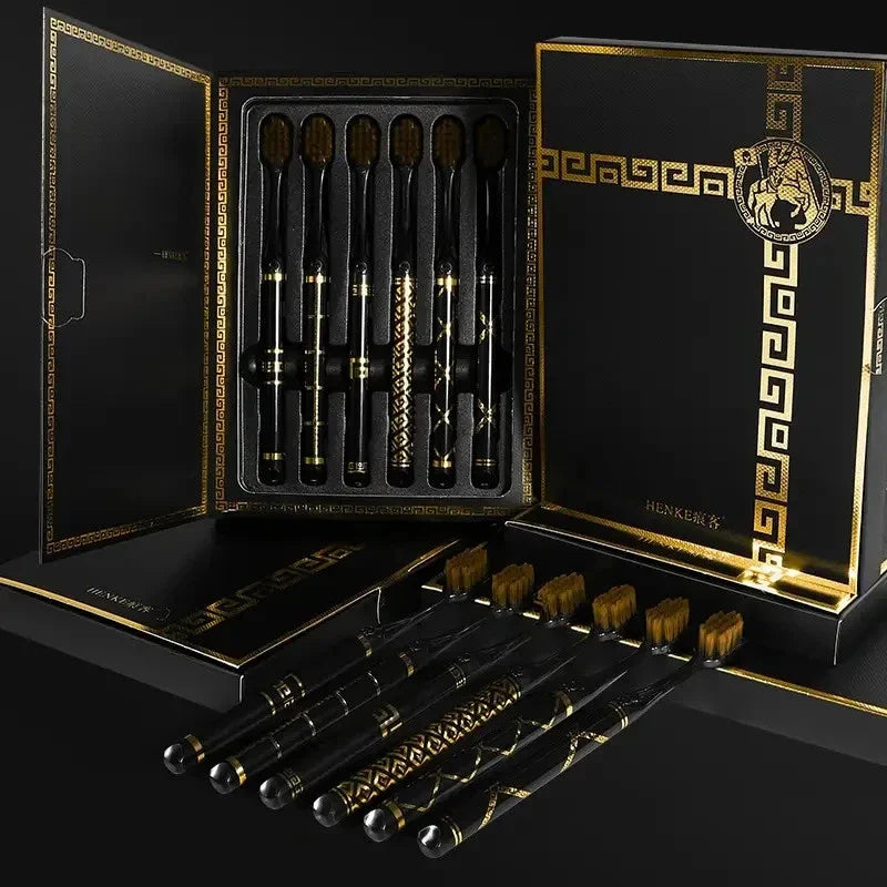 6pcs Black Gold Toothbrush Gift Set â€?Soft Bristle Travel Adult Toothbrushes