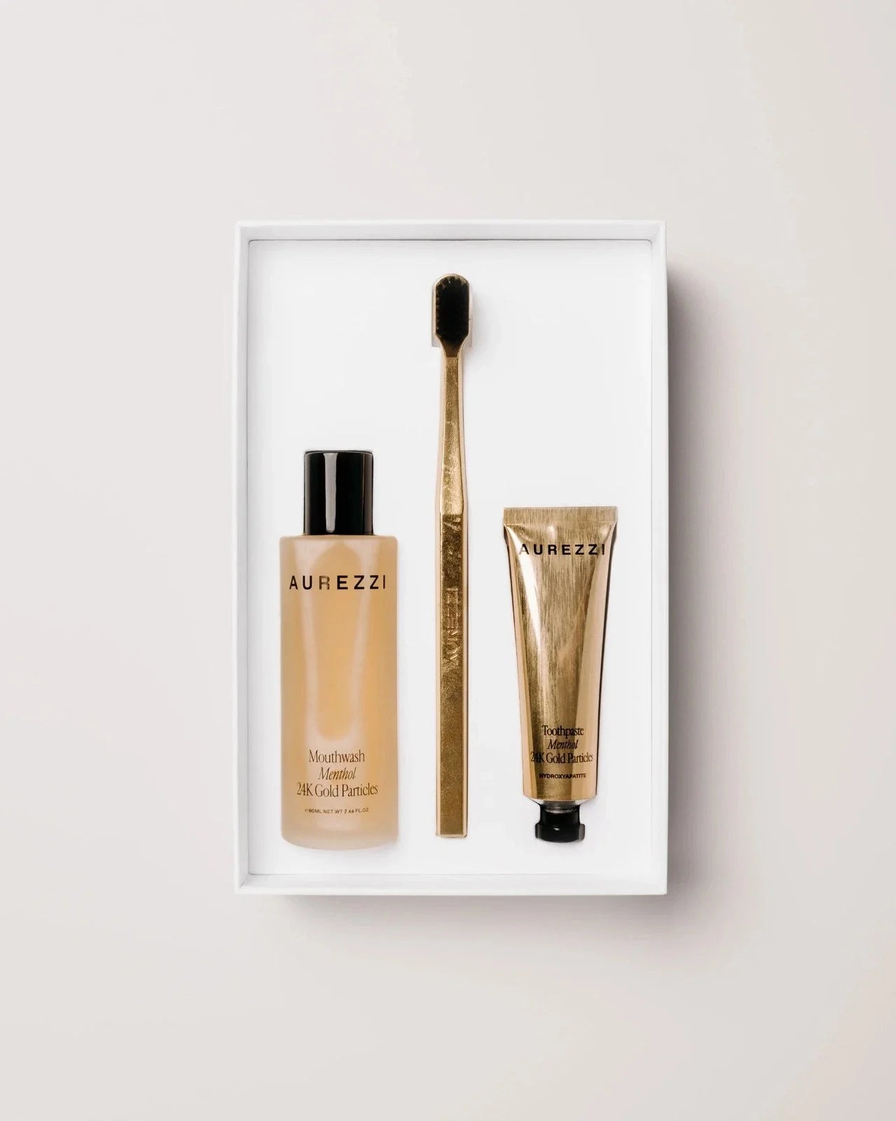 Aurezzi Gift Set Gold Toothbrush+Gold Stand, Gold Mouthwash, Gold Toothpaste NIB